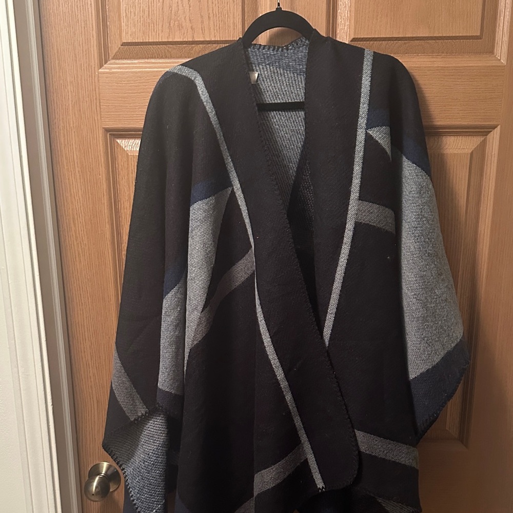 LOFT Black and Gray Herringbone Poncho